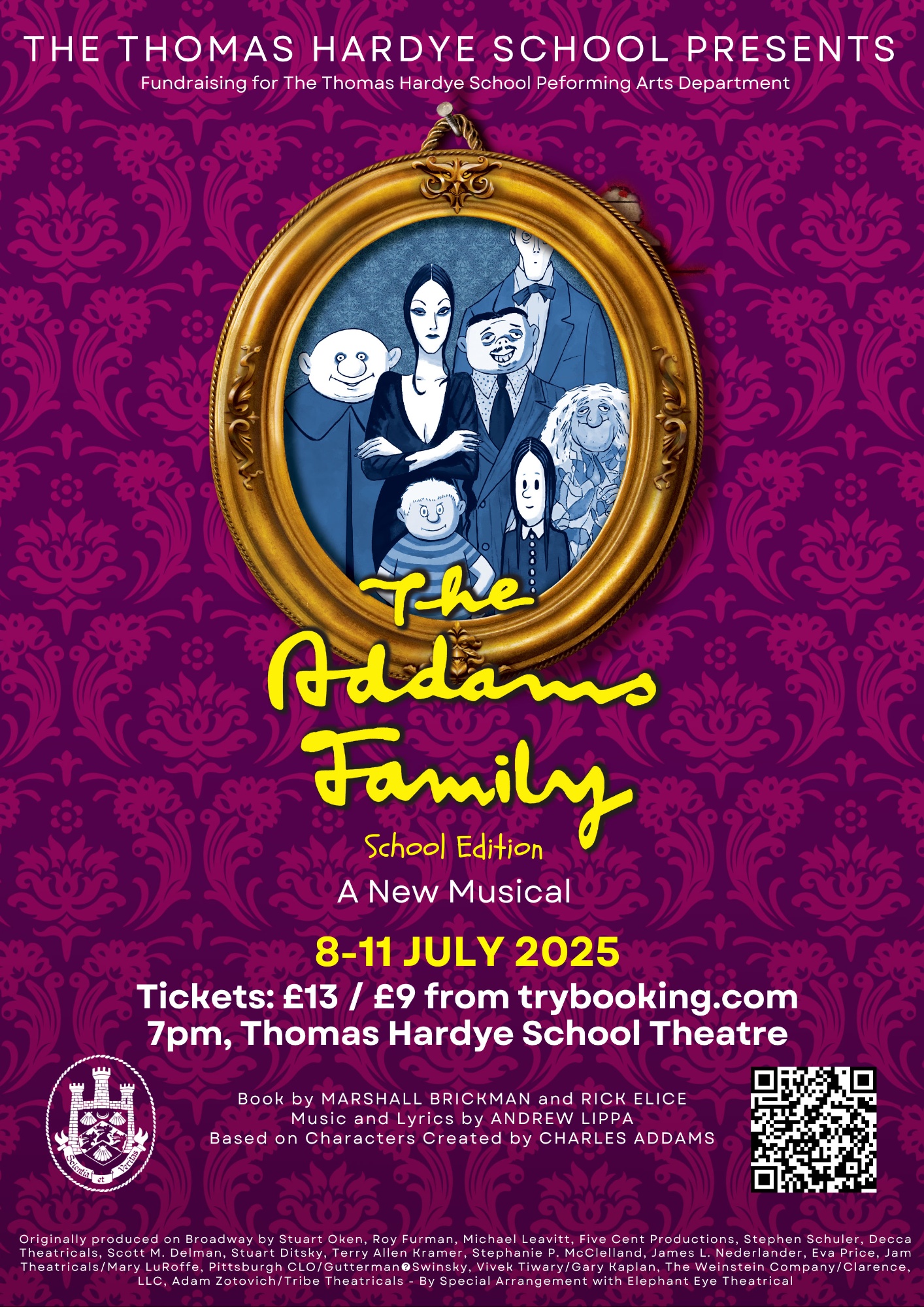 The addams family poster. Sketch style drawing of the Addams family in a gilded circular frame. Yellow text on a purple patterned background reads: The Addams Family School Edition. A new musical 8-11 July 2025. Tickets: £13/£9 from trybooking.com. 7pm, Thomas Hardye School Theatre